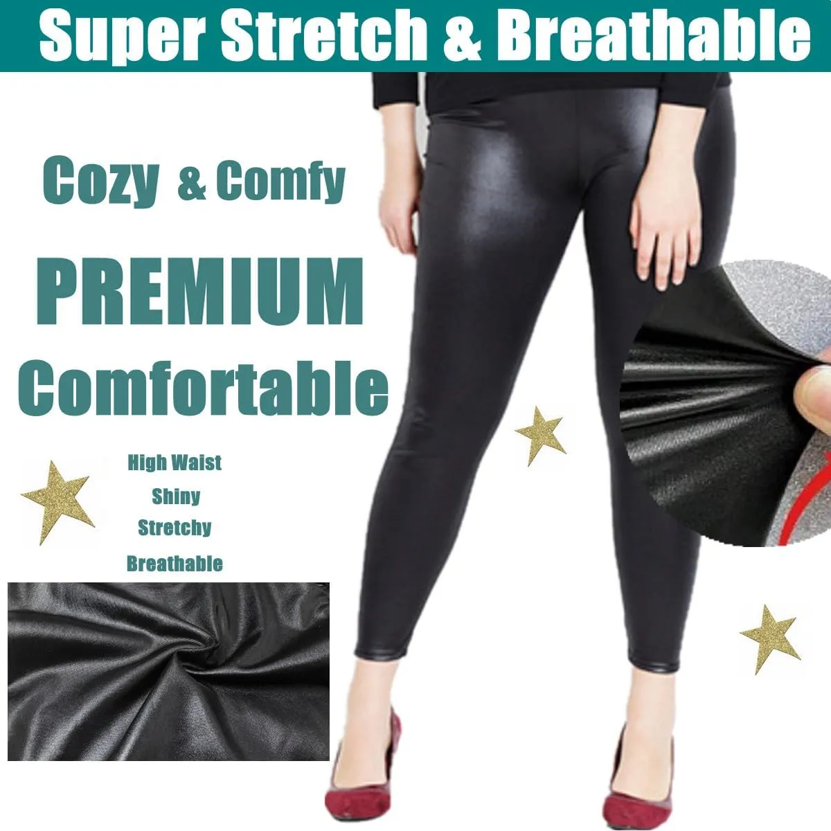 AIDAYOU Super Stretchy Plus Size Leggings Lightweight - Faux Leather Looking - Tummy Control Breathable Comfy Cozy