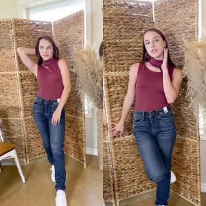 All The Drama Mockneck Cutout Ribbed Tank Top in Burgundy