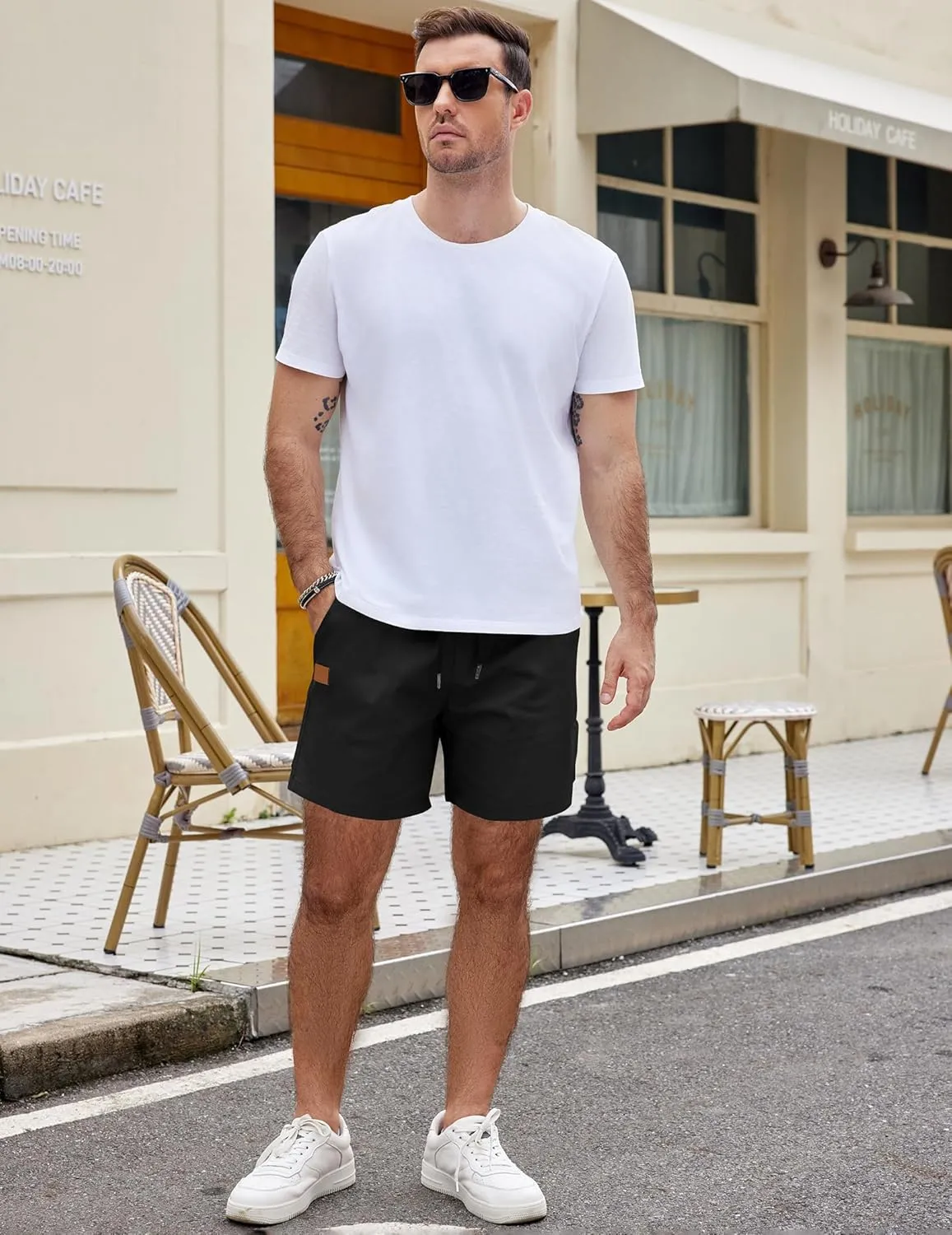 COOFANDY Men's Casual Cotton Shorts 5 Inch Summer Beach Shorts Lightweight Drawstring Elastic Waist Chino Golf Shorts