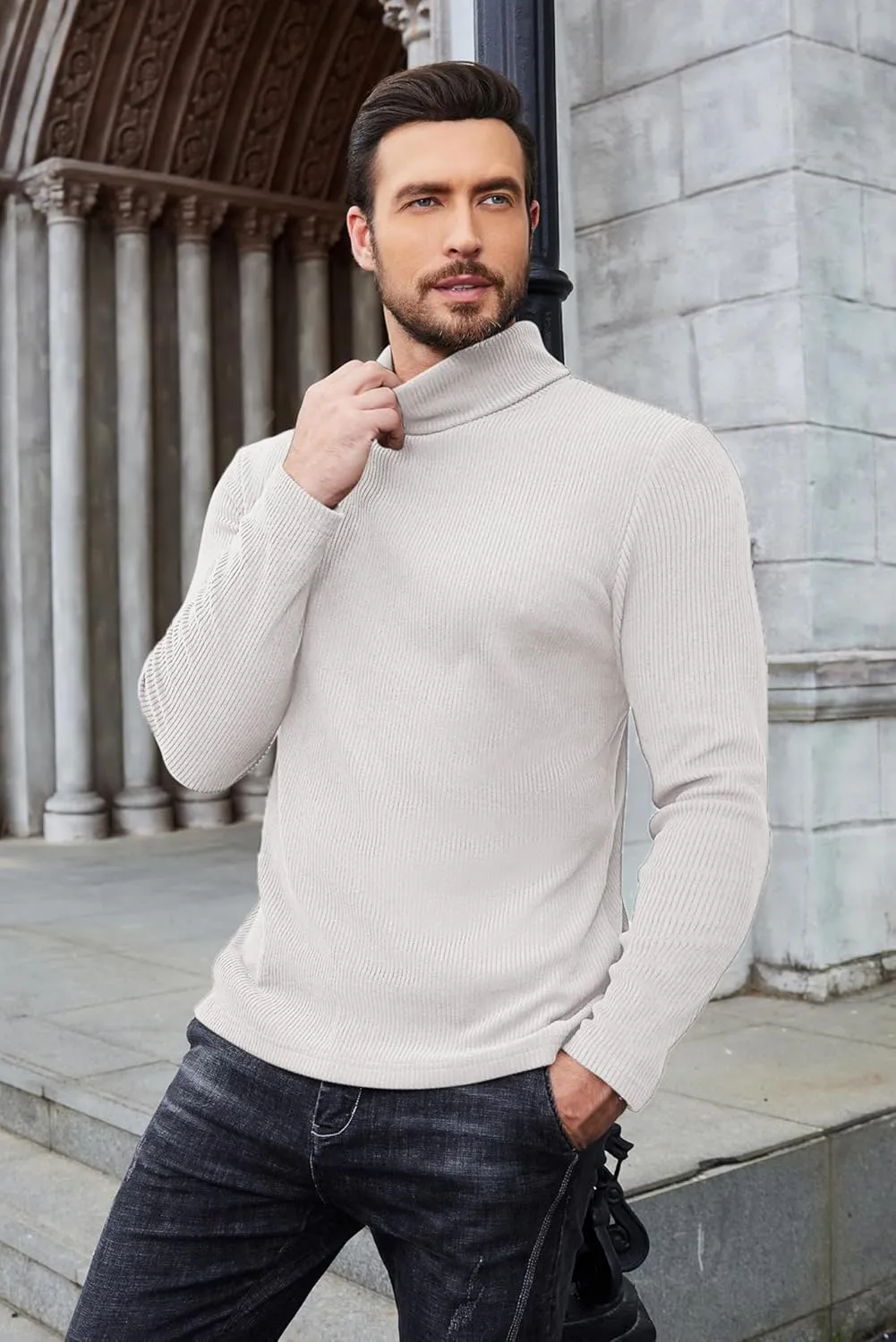 COOFANDY Mens Knitted Turtleneck Long Sleeve Turtle Neck Ribbed Pullover Sweater Thermal Casual High Neck