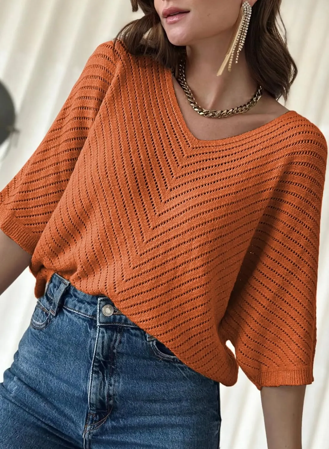Dokotoo Women's 2025 Summer Spring Casual 3/4 Sleeve Solid Color V Neck Loose Pullover Knit Fall Sweaters Tops
