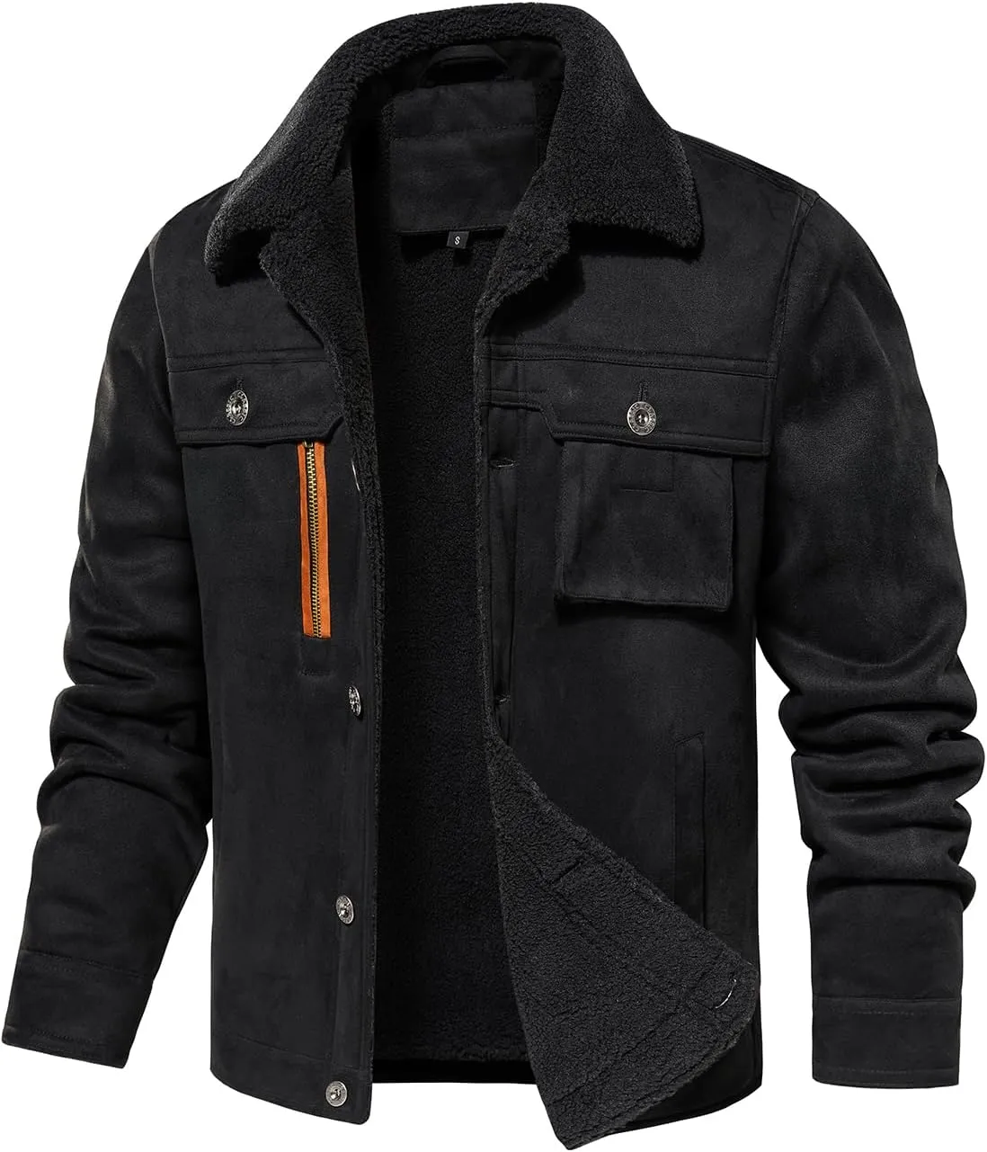 FANARCHER Mens Casual Winter Jackets Faux Suede Leather Sherpa Jackets Warm Fleece Lined Turn-Down Coat with 5 Pockets