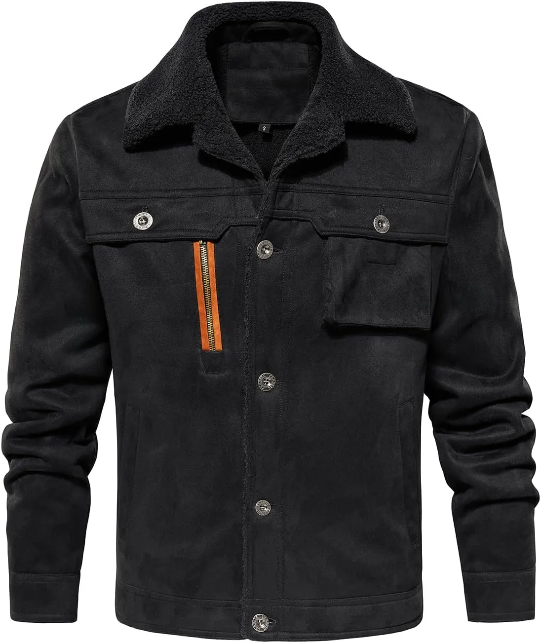 FANARCHER Mens Casual Winter Jackets Faux Suede Leather Sherpa Jackets Warm Fleece Lined Turn-Down Coat with 5 Pockets