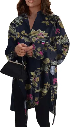 Generic Womens Long Sleeve Blouses Fashion Casual Solid/Printed Blouses & Button-Down Shirts Lapel Loose Type Womens Tops
