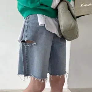 Girlary Fashion High Waist Washed Blue Shorts Side Hole Straight Leg Jeans Shorts for Women Korean Summer Vintage Denim Shorts
