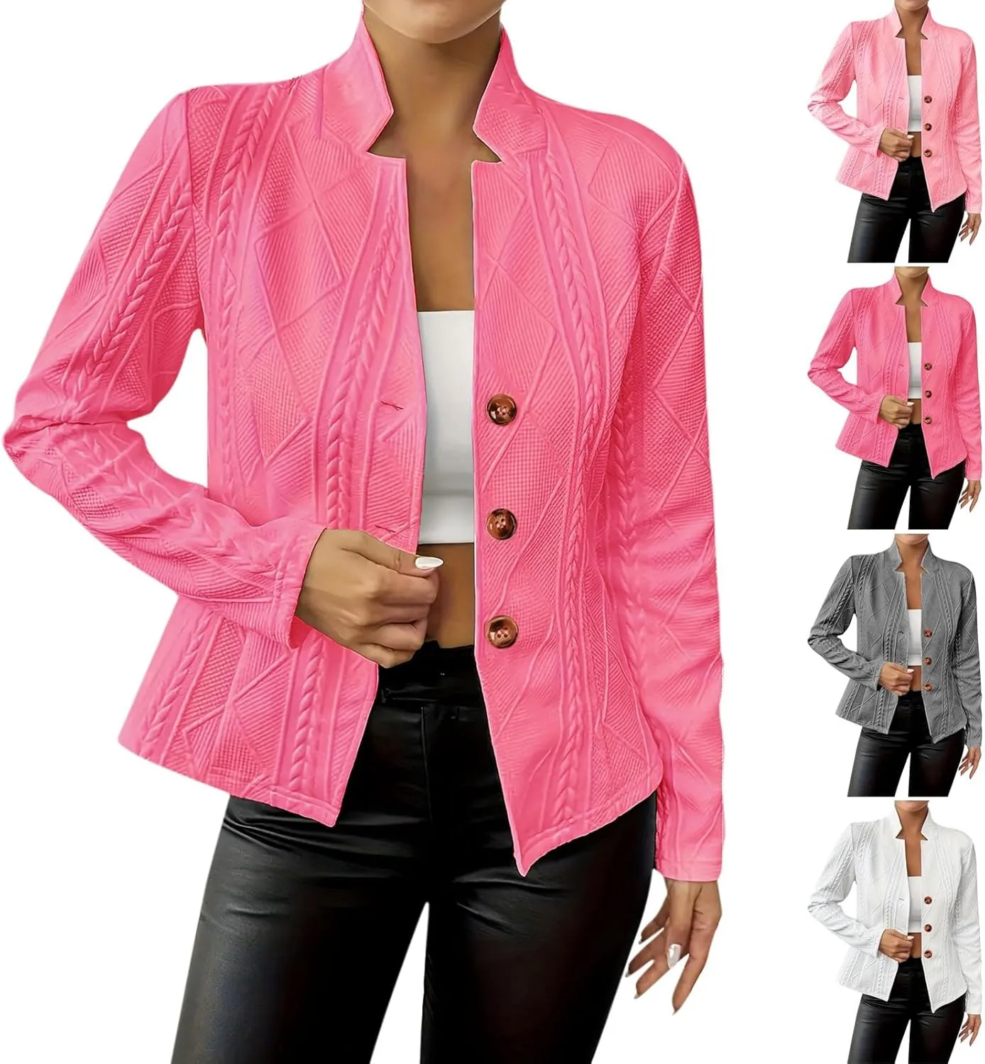 HGps8w Women's Jacquard Cropped Office Jackets, Dressy Stand Collar Business Casual Button Up Elegant Outerwear Coats
