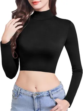 Long Sleeve Mock Turtleneck Crop Tops for Women Casual Slim Fitted Workout Shirts Fashion Basic Yoga Clothes