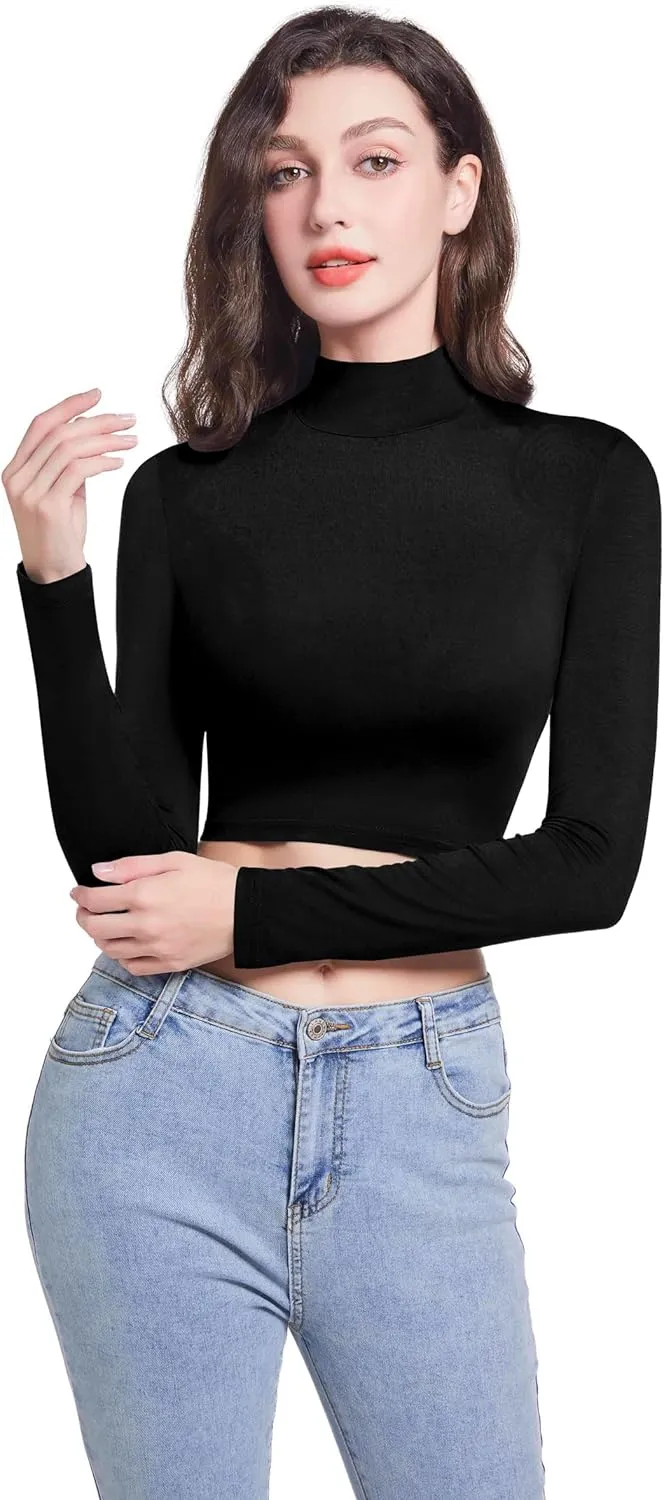 Long Sleeve Mock Turtleneck Crop Tops for Women Casual Slim Fitted Workout Shirts Fashion Basic Yoga Clothes