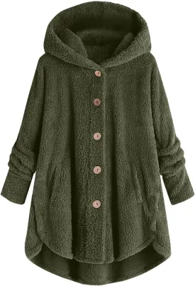 maisdgop Fleece Jacket Women Long Sleeve Sherpa Hooded Coats Winter Fall Warm Fuzzy Jackets Plus Size Button Plush Outerwear