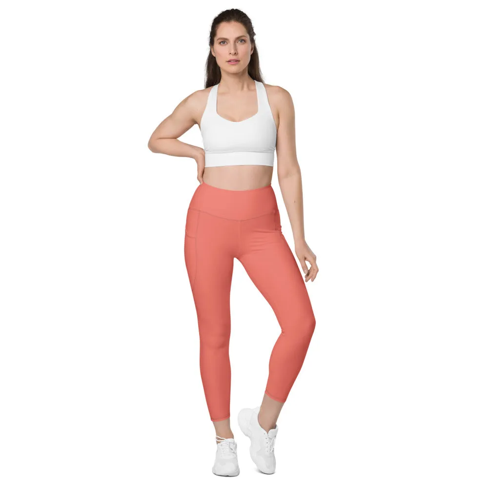 Peach Pink Color Women's Tights, Women's 7/8 Leggings With 2 Side Pockets - Made in USA/EU/MX