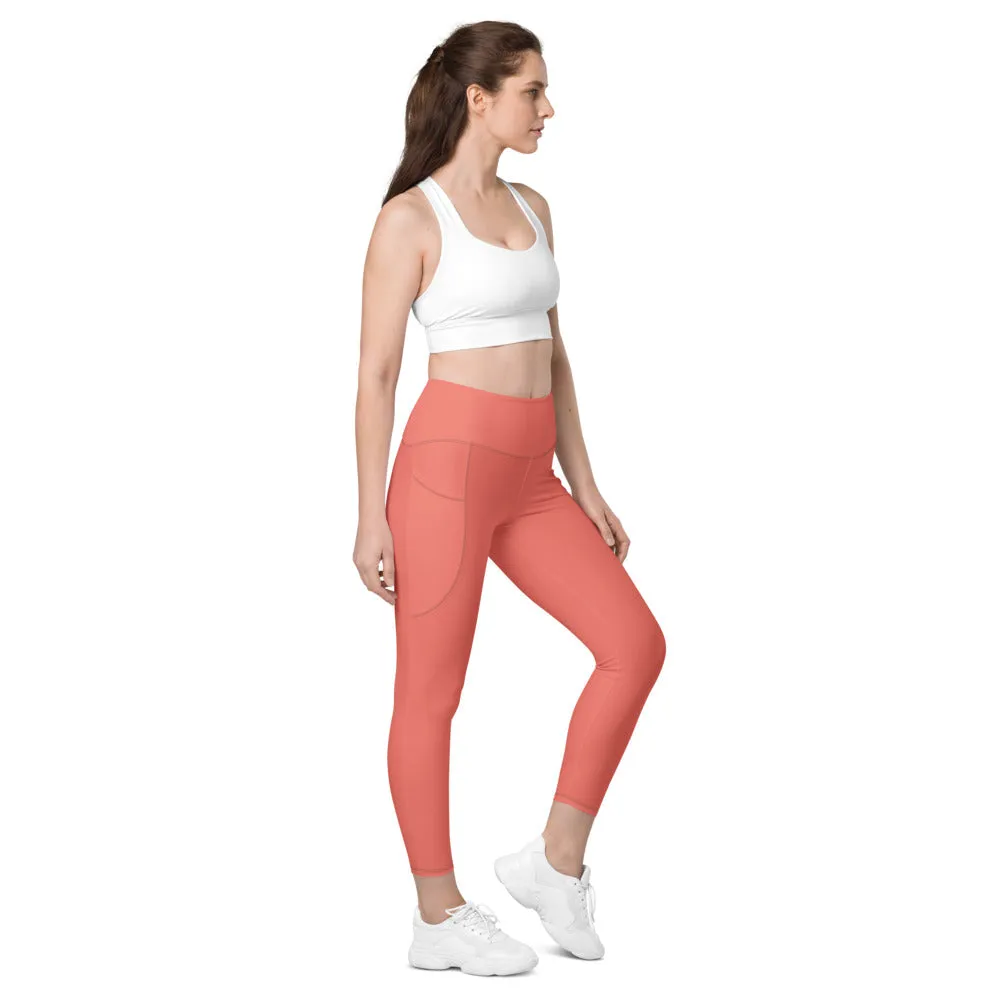 Peach Pink Color Women's Tights, Women's 7/8 Leggings With 2 Side Pockets - Made in USA/EU/MX