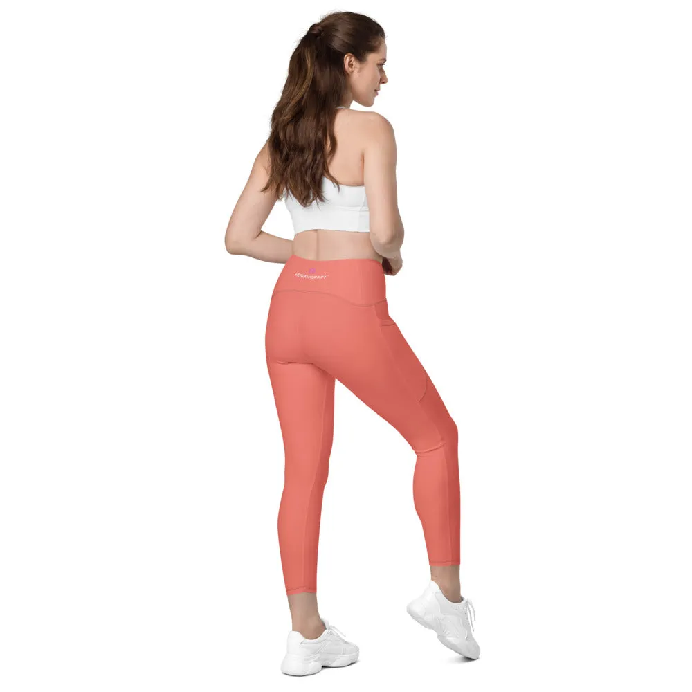 Peach Pink Color Women's Tights, Women's 7/8 Leggings With 2 Side Pockets - Made in USA/EU/MX