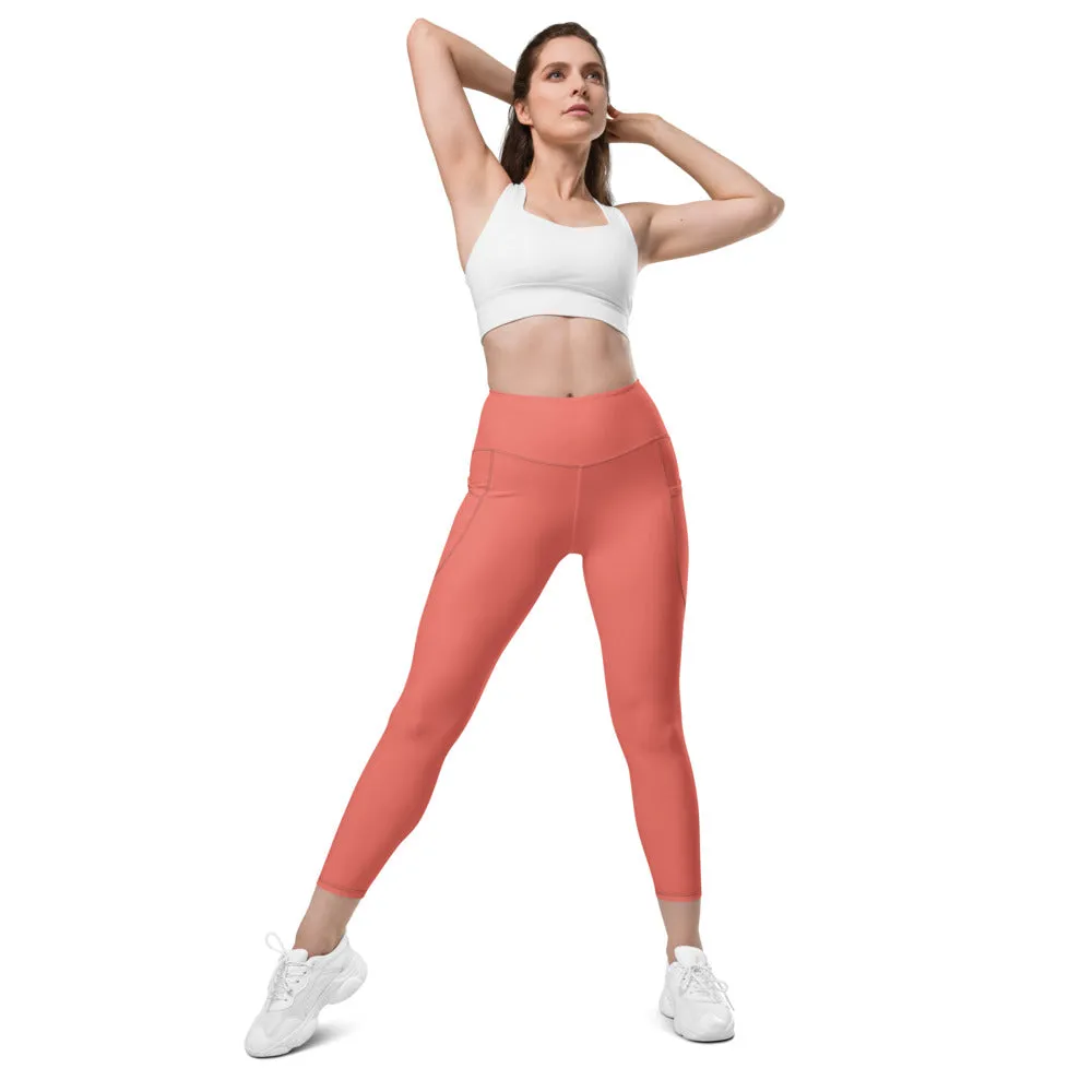 Peach Pink Color Women's Tights, Women's 7/8 Leggings With 2 Side Pockets - Made in USA/EU/MX