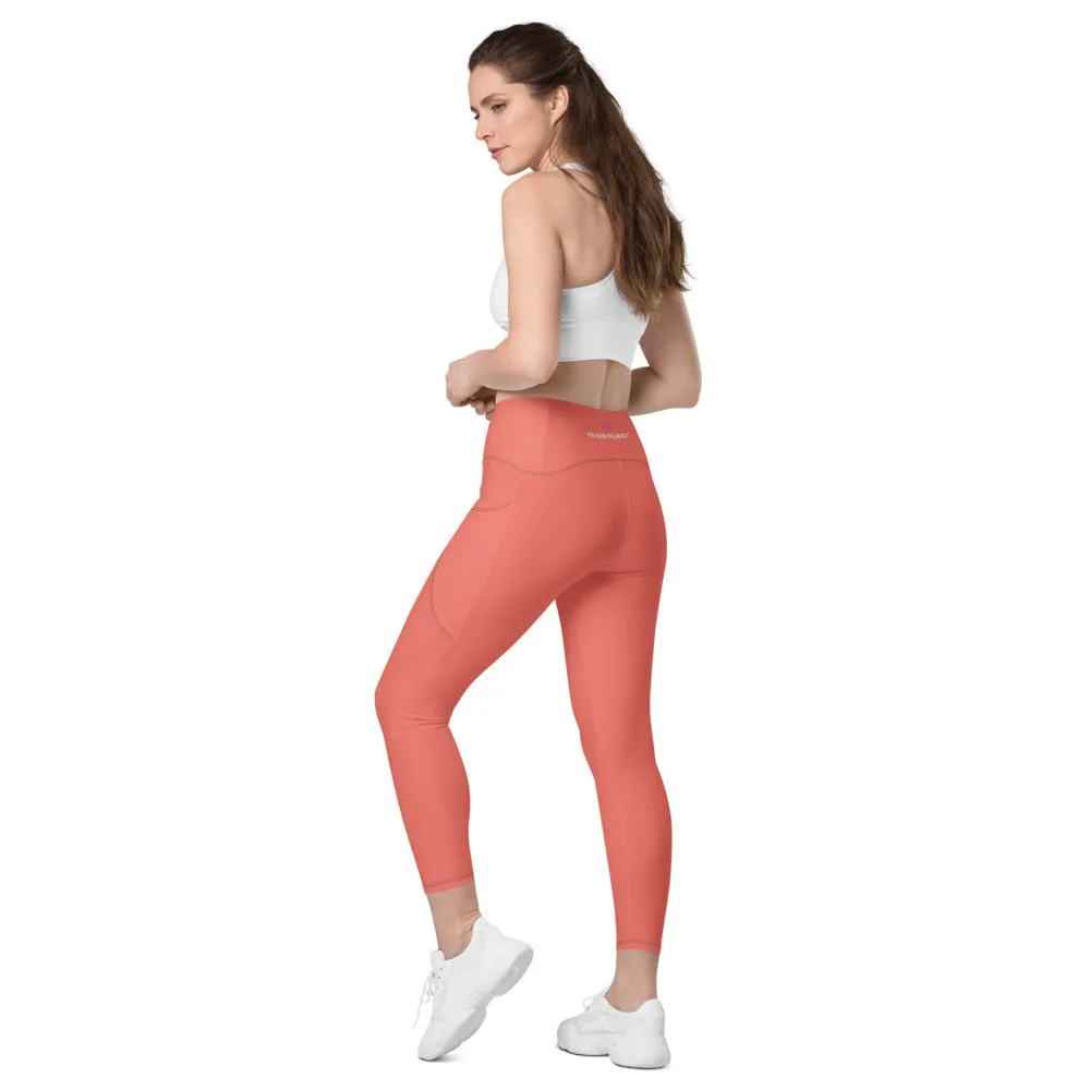 Peach Pink Color Women's Tights, Women's 7/8 Leggings With 2 Side Pockets - Made in USA/EU/MX