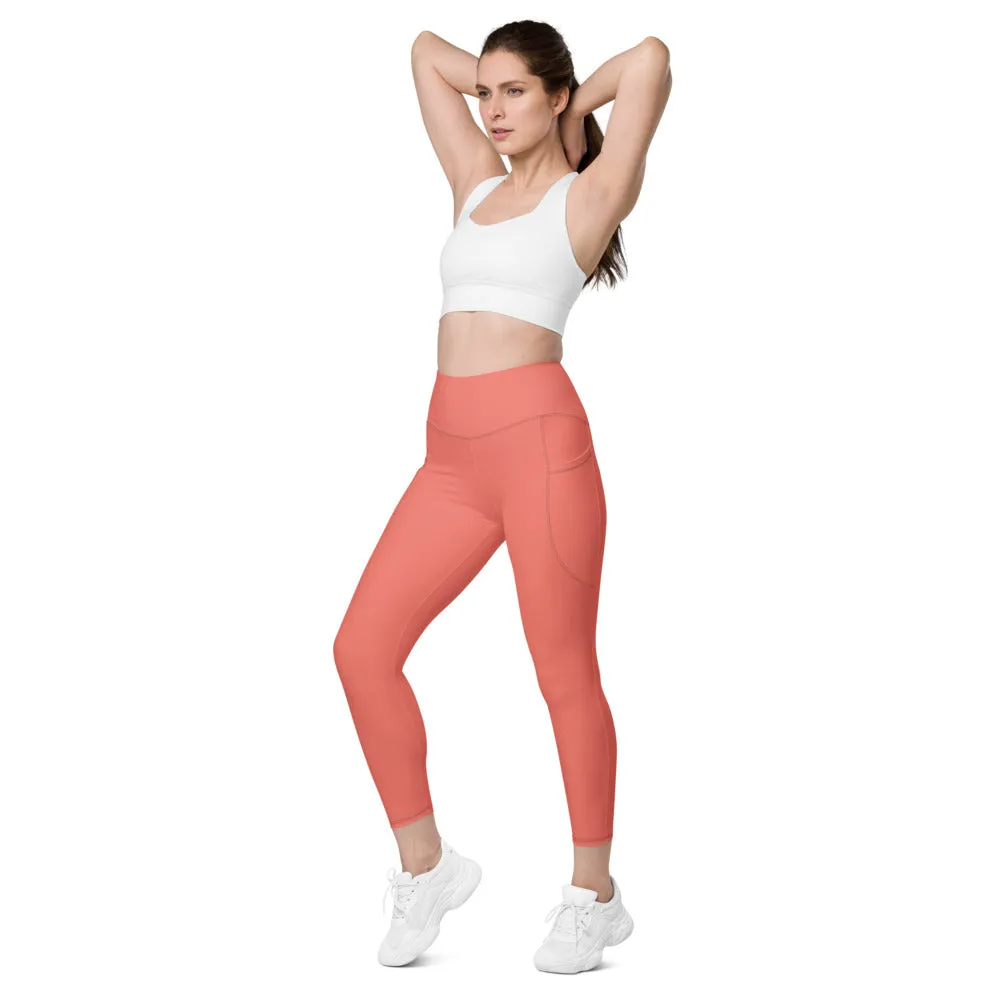 Peach Pink Color Women's Tights, Women's 7/8 Leggings With 2 Side Pockets - Made in USA/EU/MX
