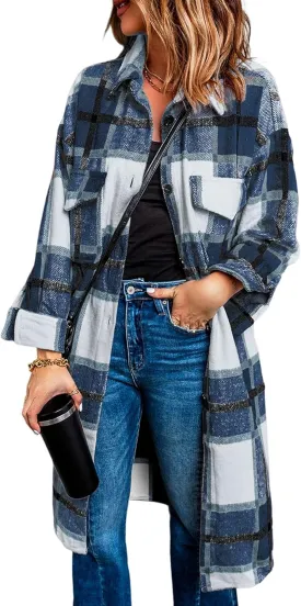 PRETTYGARDEN Women's 2025 Plaid Shacket Jacket Long Sleeve Button Down Shirts Fashion Winter Wool Coats