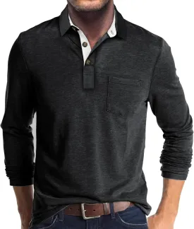 PrettyGuide Men's Long Sleeve Polo Shirts Lightweight Casual Button Polo T Shirt Basic Golf Shirt with Pocket