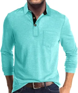 PrettyGuide Men's Long Sleeve Polo Shirts Lightweight Casual Button Polo T Shirt Basic Golf Shirt with Pocket