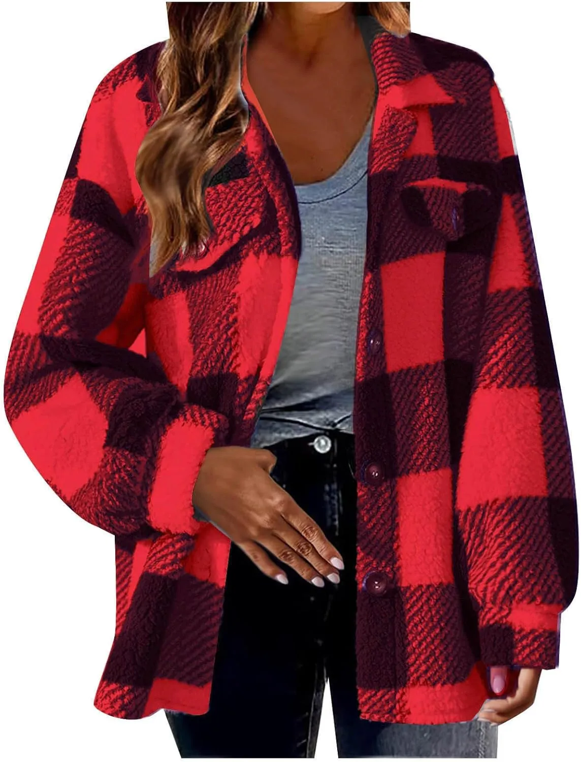 Shackets for Women 2024 Plus Size Fleece Lined Flannel Jacket,Plaid Button Down Shirt Fashion Fall Winter Outfits