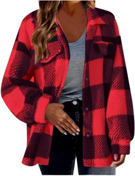 Shackets for Women 2024 Plus Size Fleece Lined Flannel Jacket,Plaid Button Down Shirt Fashion Fall Winter Outfits
