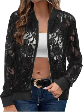 Sinzelimin Womens Lace Flroal Jacket Fashion Zipper Hollow Casual Outwear & Jackets Lightweight Cardigan Clubwear Blouse Tops