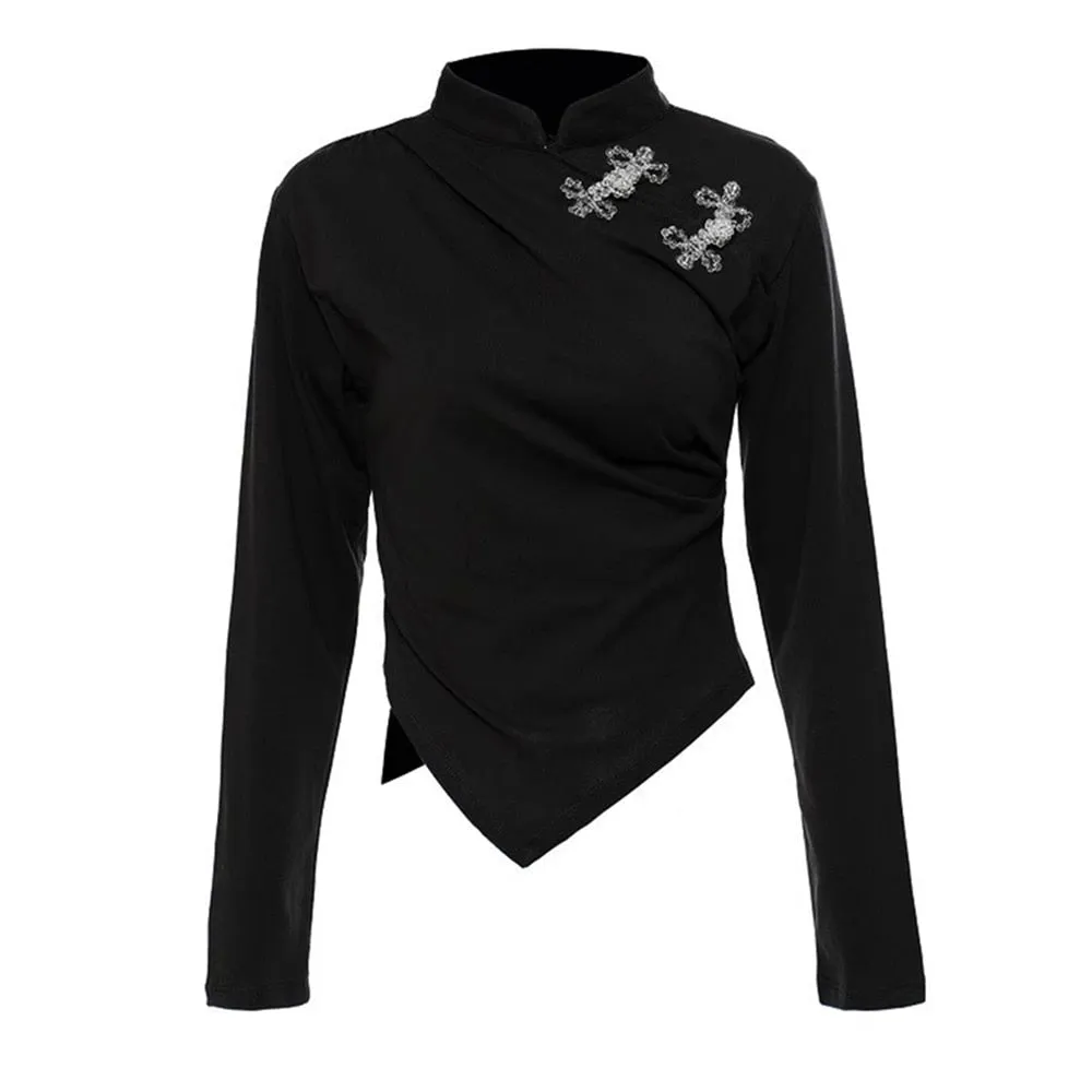 Solid Irregular Hem T Shirts For Women Stand Collar Long Sleeve Slimming Casual T Shirt Female Fashion Clothing