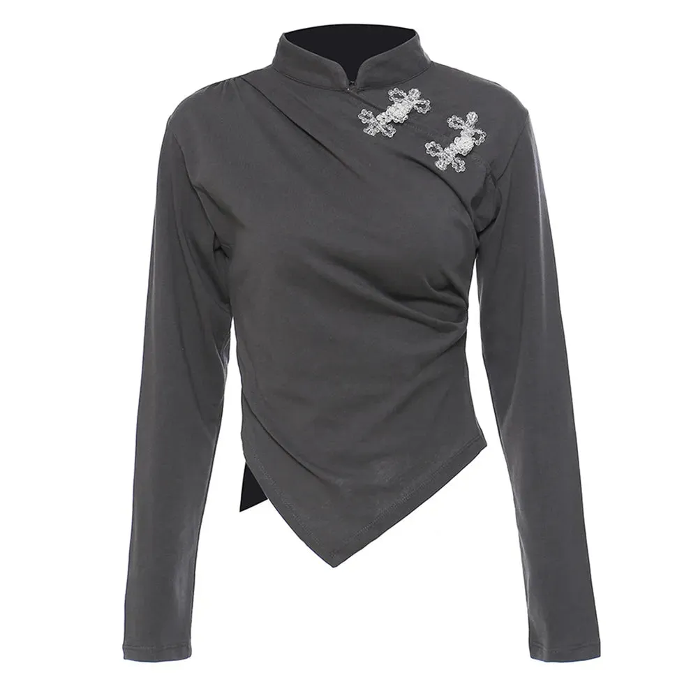 Solid Irregular Hem T Shirts For Women Stand Collar Long Sleeve Slimming Casual T Shirt Female Fashion Clothing