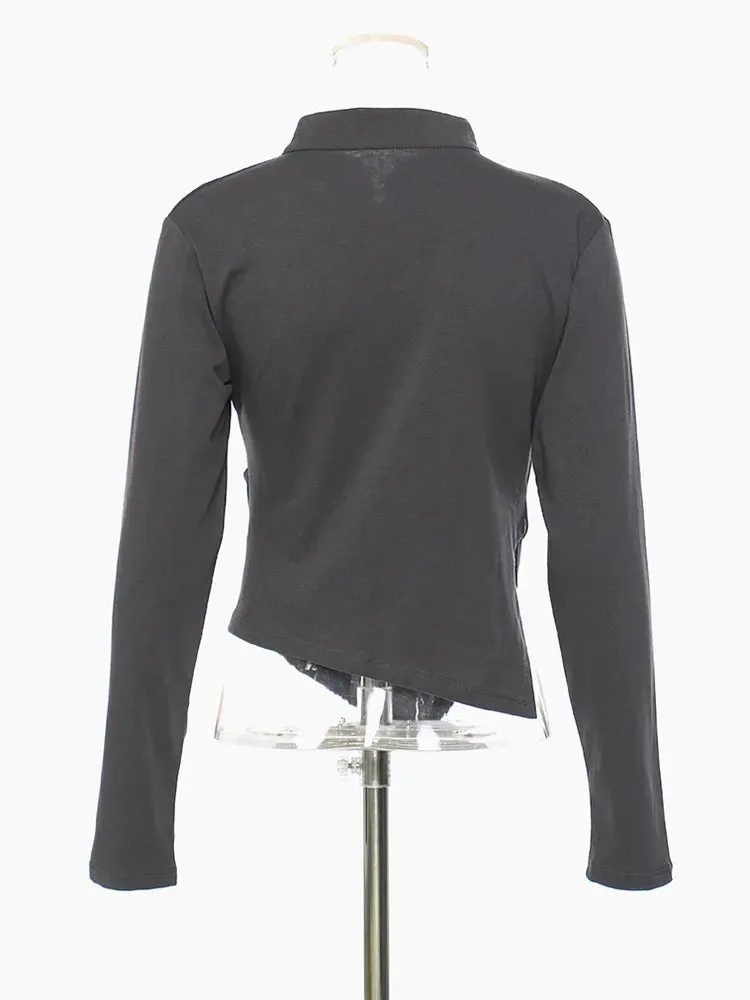 Solid Irregular Hem T Shirts For Women Stand Collar Long Sleeve Slimming Casual T Shirt Female Fashion Clothing