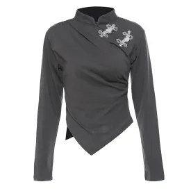 Solid Irregular Hem T Shirts For Women Stand Collar Long Sleeve Slimming Casual T Shirt Female Fashion Clothing