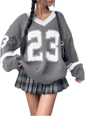 SOLY HUX Women's Y2k Oversized Sweater Number Graphic V Neck Drop Shoulder Long Sleeve Pullover Tops