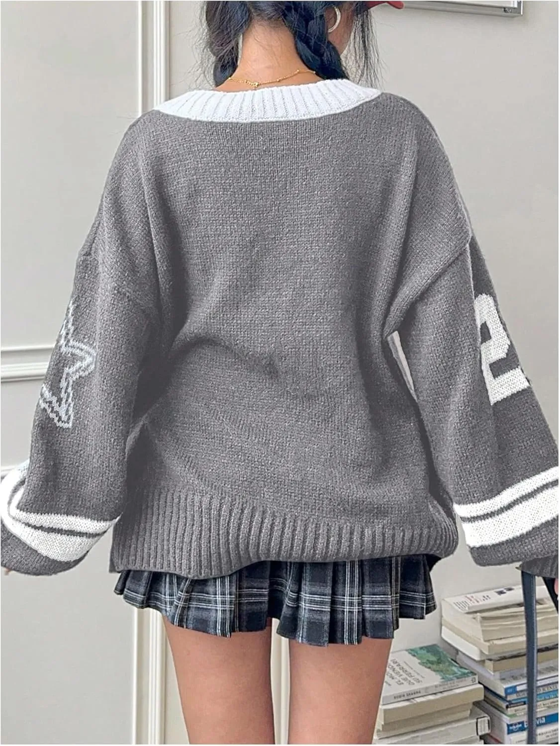 SOLY HUX Women's Y2k Oversized Sweater Number Graphic V Neck Drop Shoulder Long Sleeve Pullover Tops