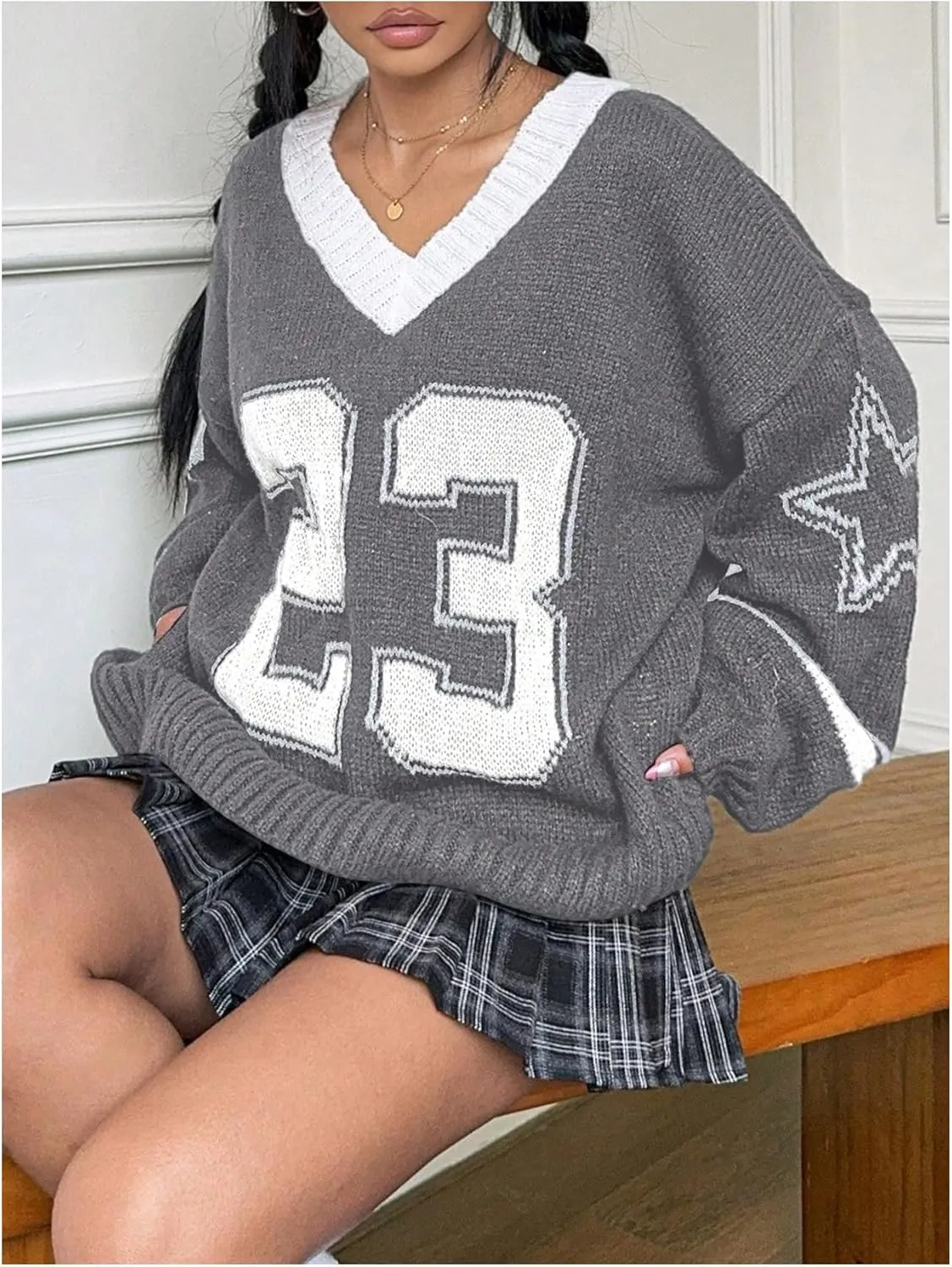 SOLY HUX Women's Y2k Oversized Sweater Number Graphic V Neck Drop Shoulder Long Sleeve Pullover Tops