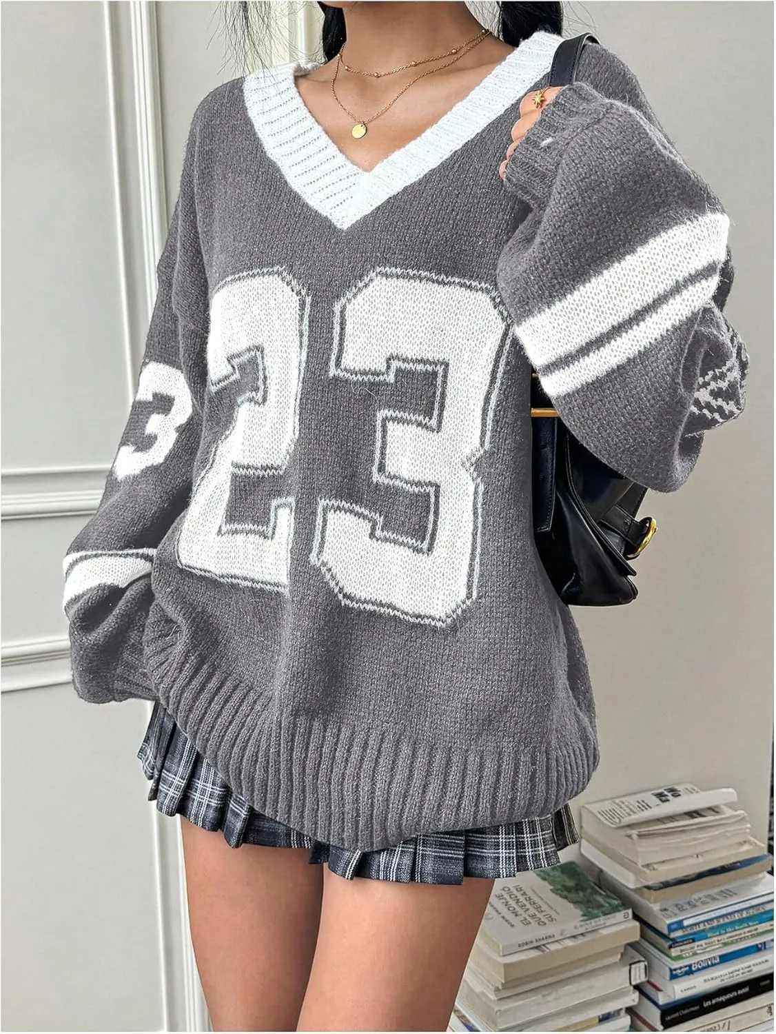 SOLY HUX Women's Y2k Oversized Sweater Number Graphic V Neck Drop Shoulder Long Sleeve Pullover Tops