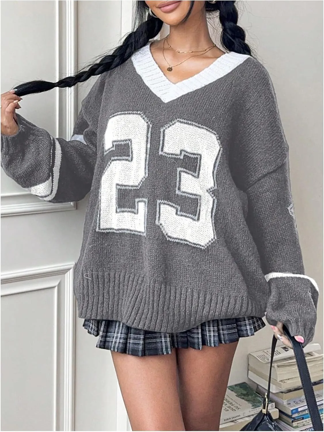 SOLY HUX Women's Y2k Oversized Sweater Number Graphic V Neck Drop Shoulder Long Sleeve Pullover Tops
