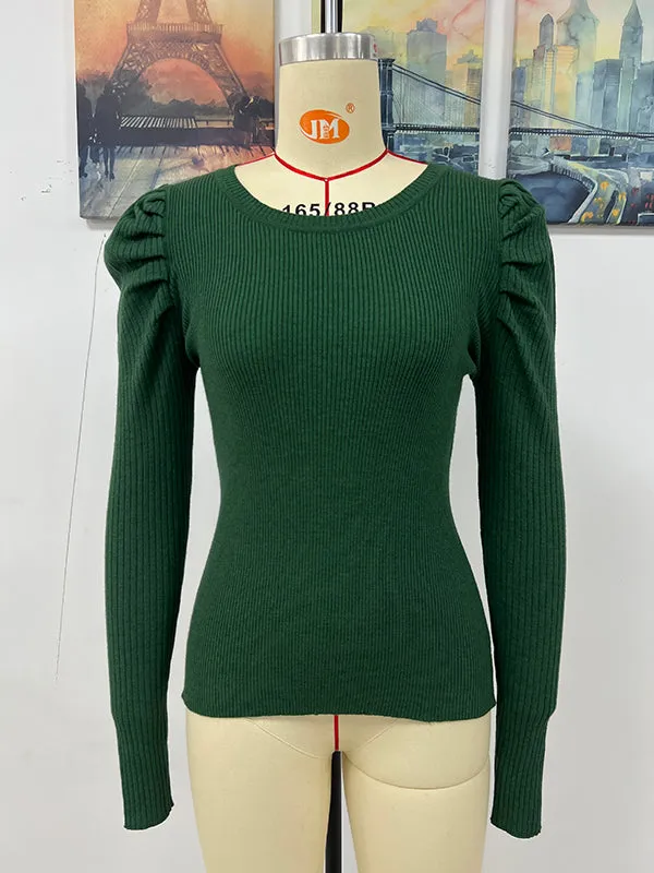 Stylish Long Sleeves Skinny Pleated Solid Color Round-Neck Sweater Tops