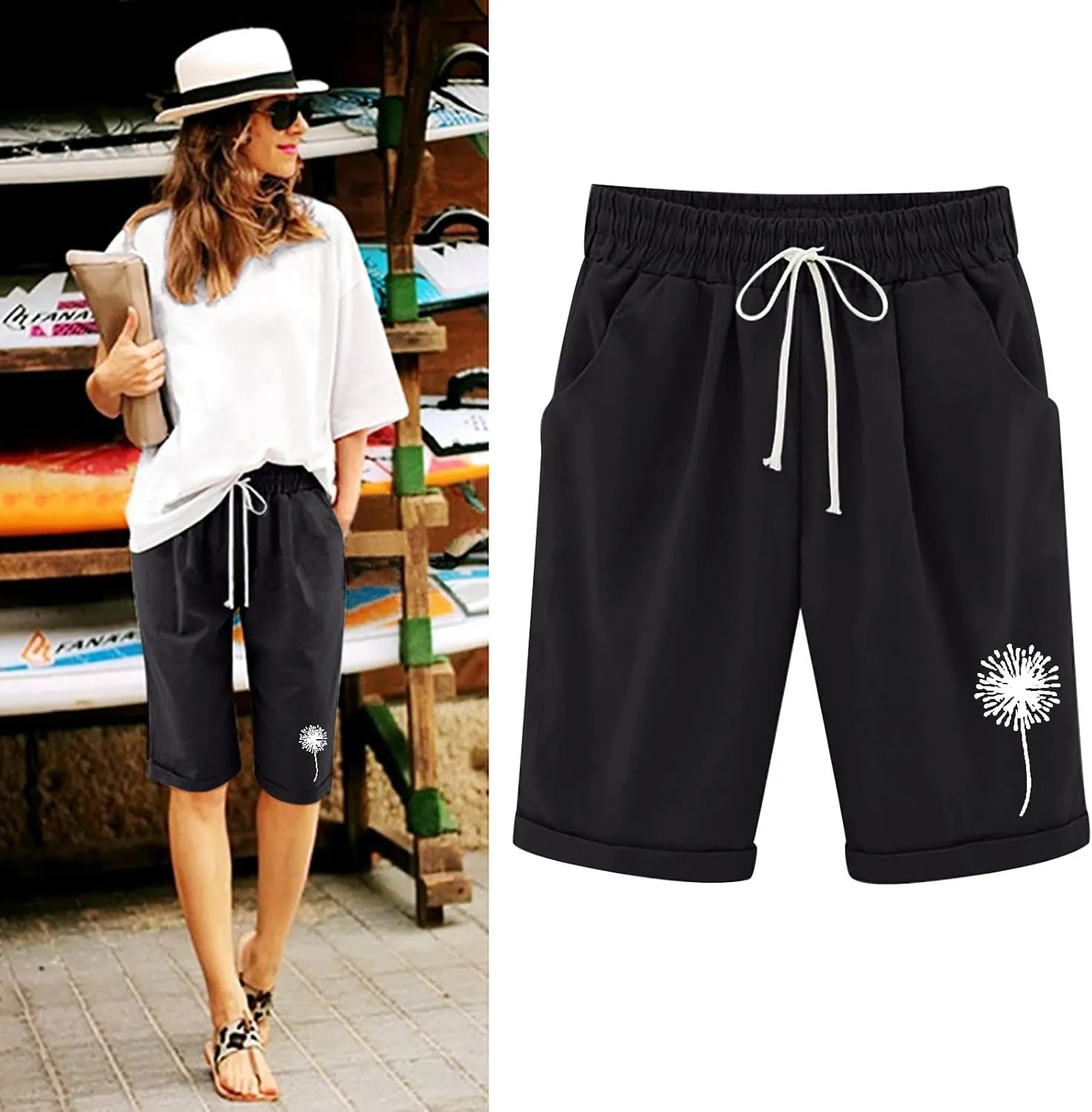 Summer Shorts for Women Elastic Waist Knee Length Bermuda Shorts Casual Loose Comfy Drawstring Workout Shorts Pockets