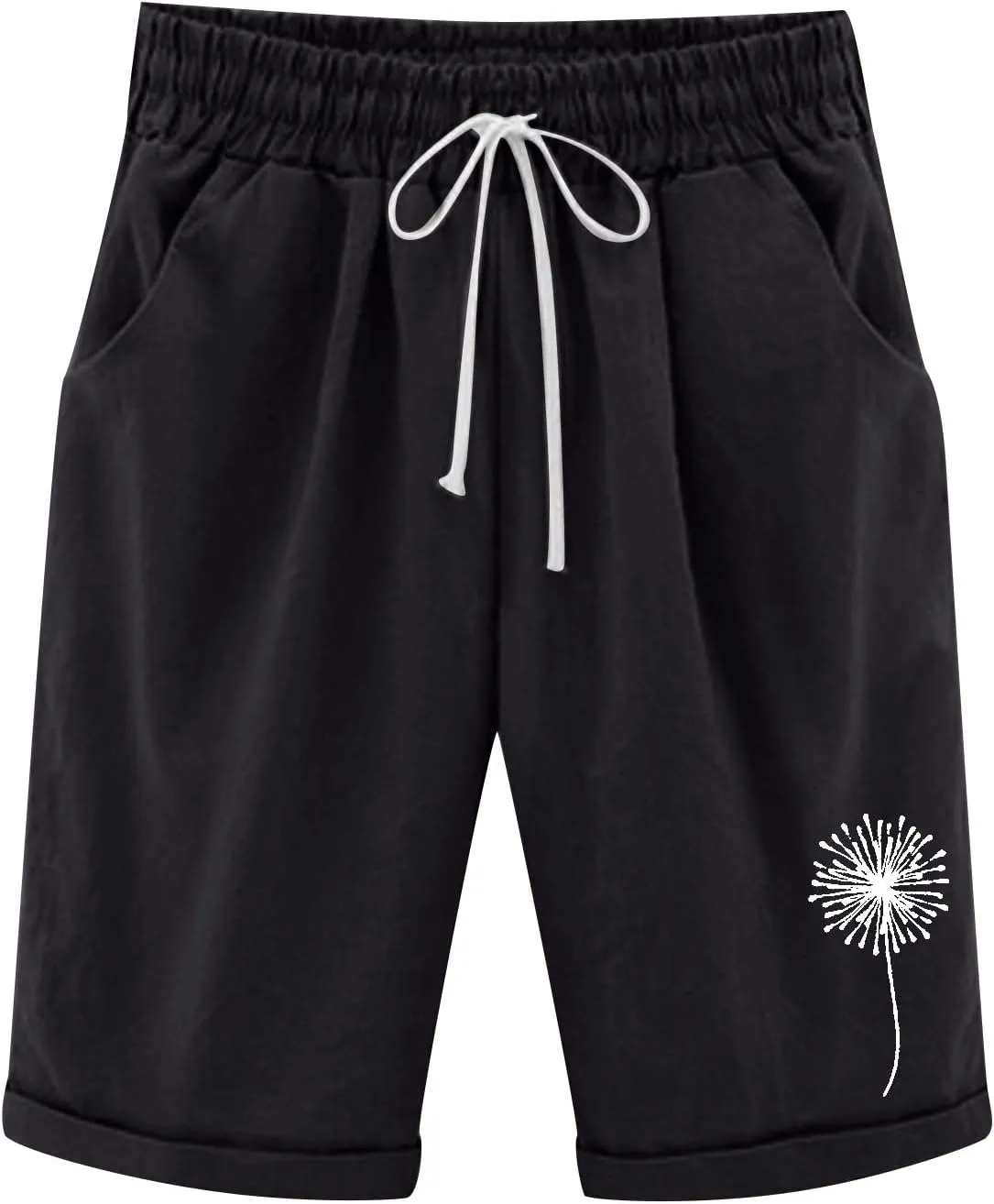 Summer Shorts for Women Elastic Waist Knee Length Bermuda Shorts Casual Loose Comfy Drawstring Workout Shorts Pockets