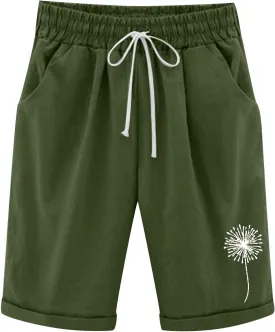 Summer Shorts for Women Elastic Waist Knee Length Bermuda Shorts Casual Loose Comfy Drawstring Workout Shorts Pockets