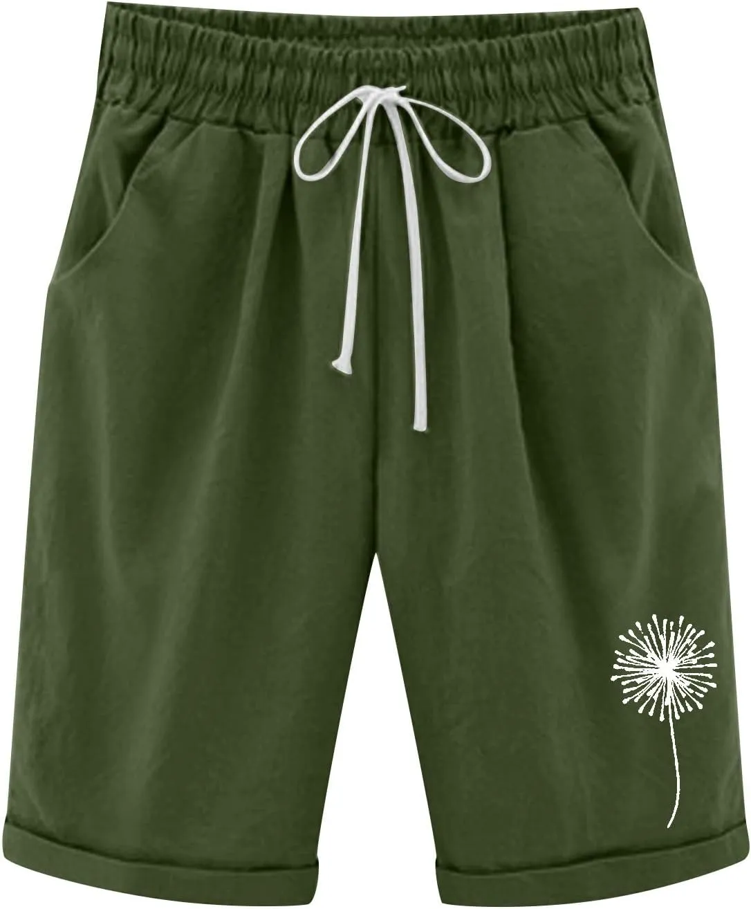 Summer Shorts for Women Elastic Waist Knee Length Bermuda Shorts Casual Loose Comfy Drawstring Workout Shorts Pockets