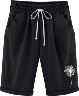 Summer Shorts for Women Elastic Waist Knee Length Bermuda Shorts Casual Loose Comfy Drawstring Workout Shorts Pockets