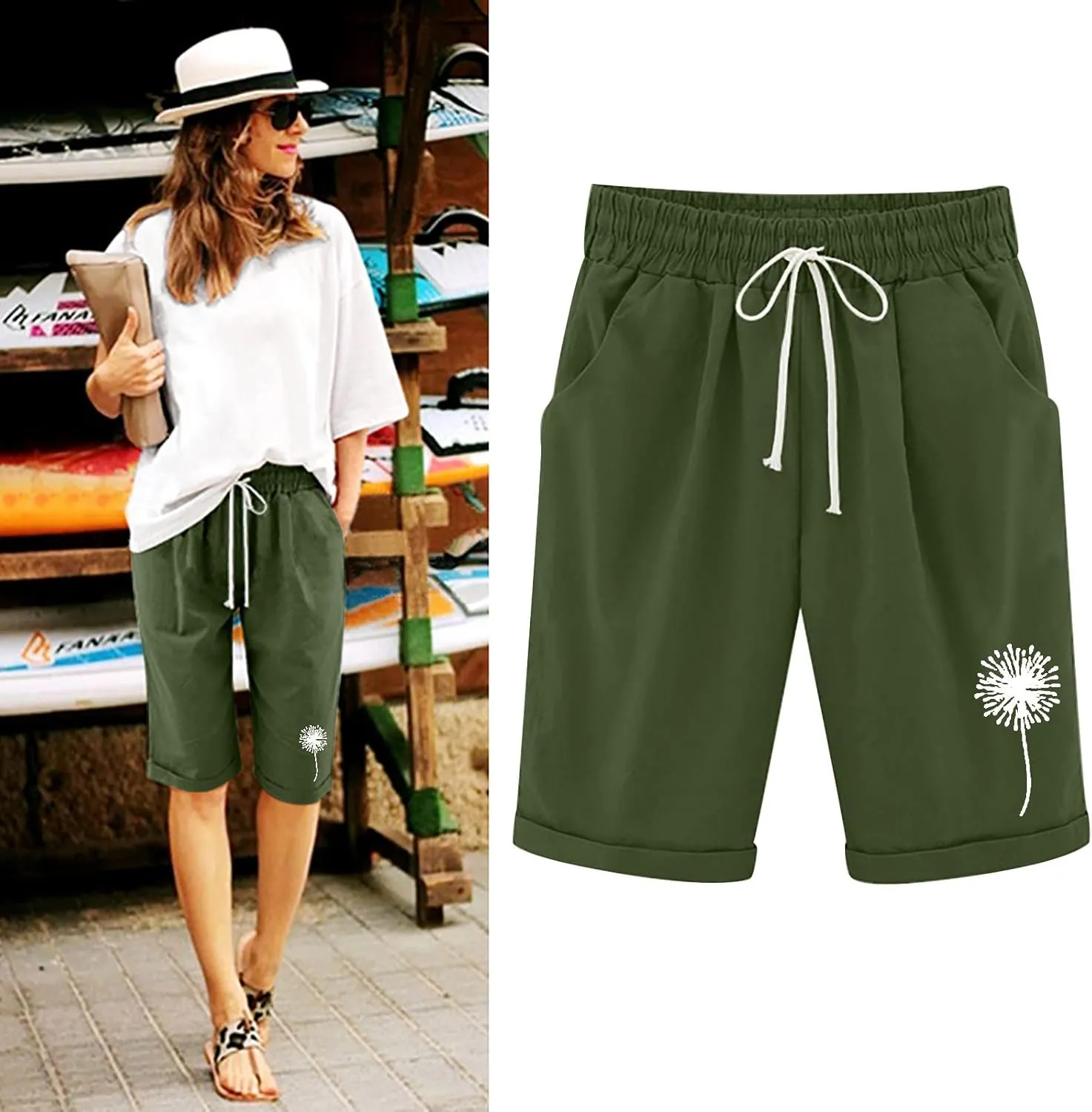 Summer Shorts for Women Elastic Waist Knee Length Bermuda Shorts Casual Loose Comfy Drawstring Workout Shorts Pockets