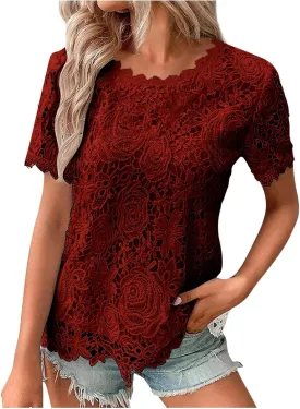 Summer Tops for Women 2024 Lace Crochet Embroidery Crewneck T Shirts Dressy Casual Short Sleeve Elegant Work Blouses