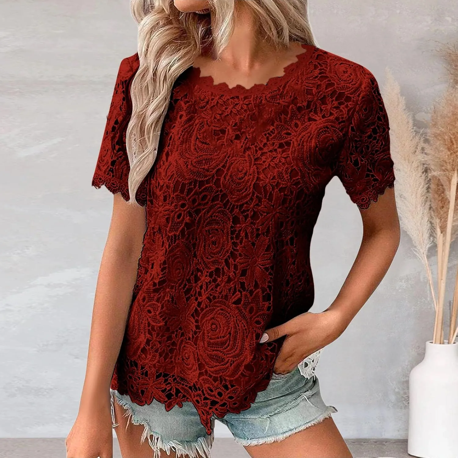Summer Tops for Women 2024 Lace Crochet Embroidery Crewneck T Shirts Dressy Casual Short Sleeve Elegant Work Blouses