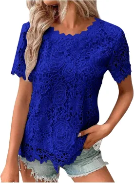 Summer Tops for Women 2024 Lace Crochet Embroidery Crewneck T Shirts Dressy Casual Short Sleeve Elegant Work Blouses
