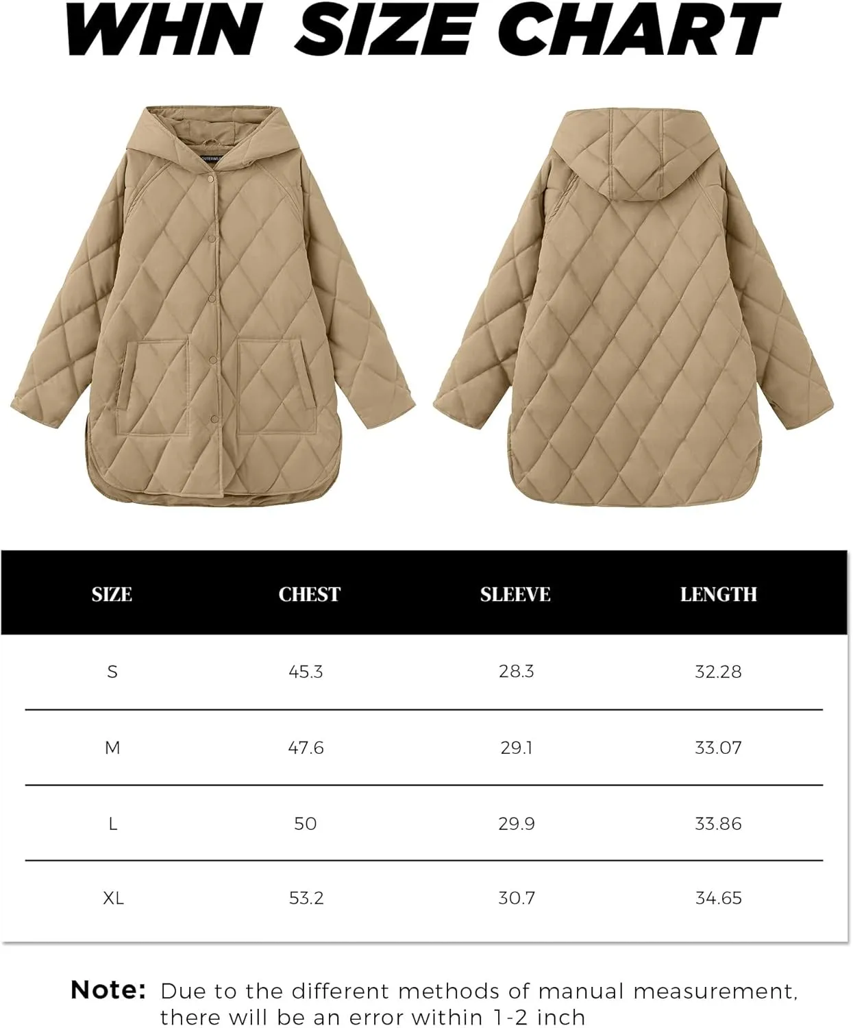 WHN Long Jackets for Women 2024 Fashion Hooded Oversize Coat Button-Down Diamond Quilted Lightweight Jackets