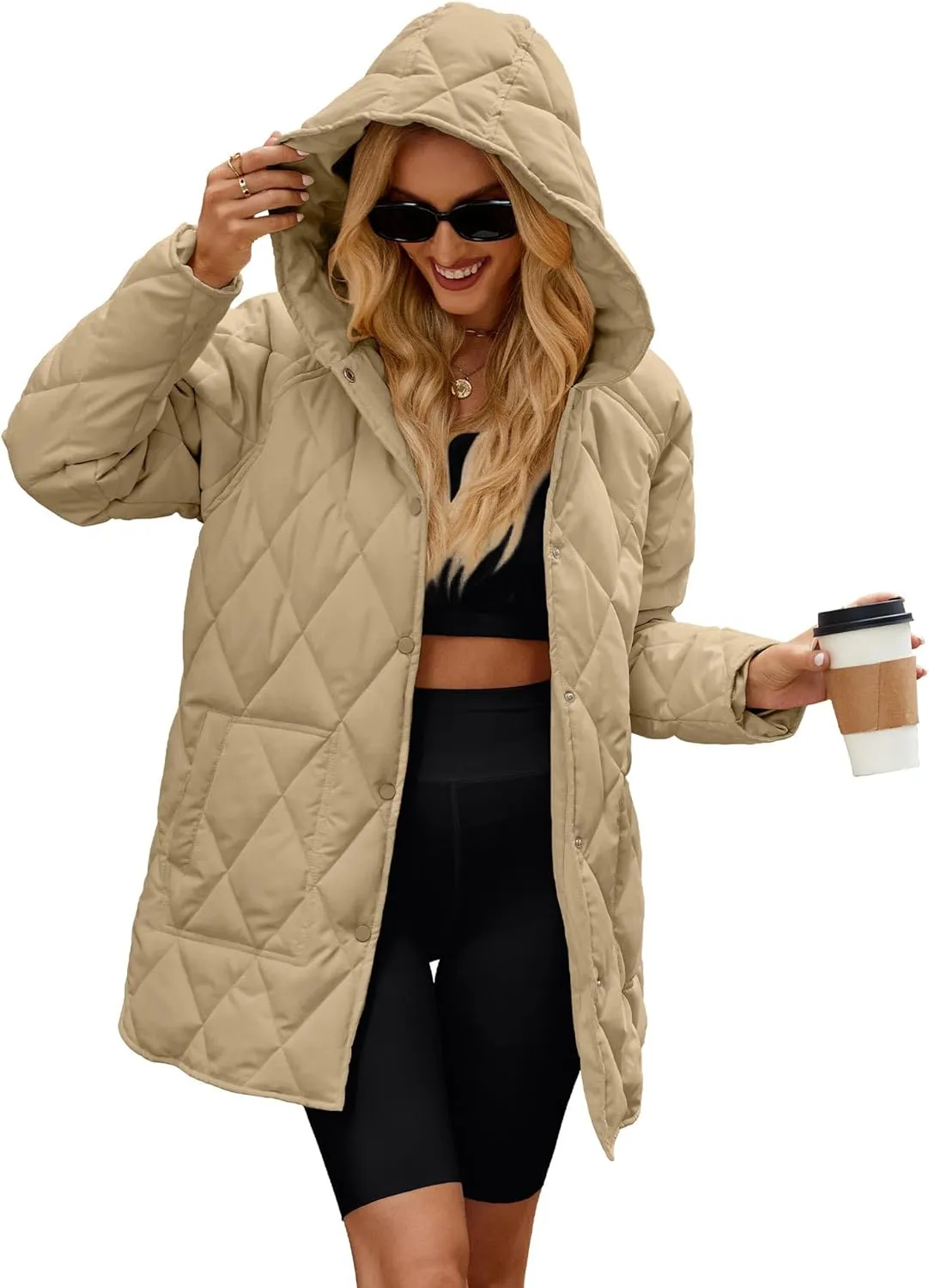 WHN Long Jackets for Women 2024 Fashion Hooded Oversize Coat Button-Down Diamond Quilted Lightweight Jackets