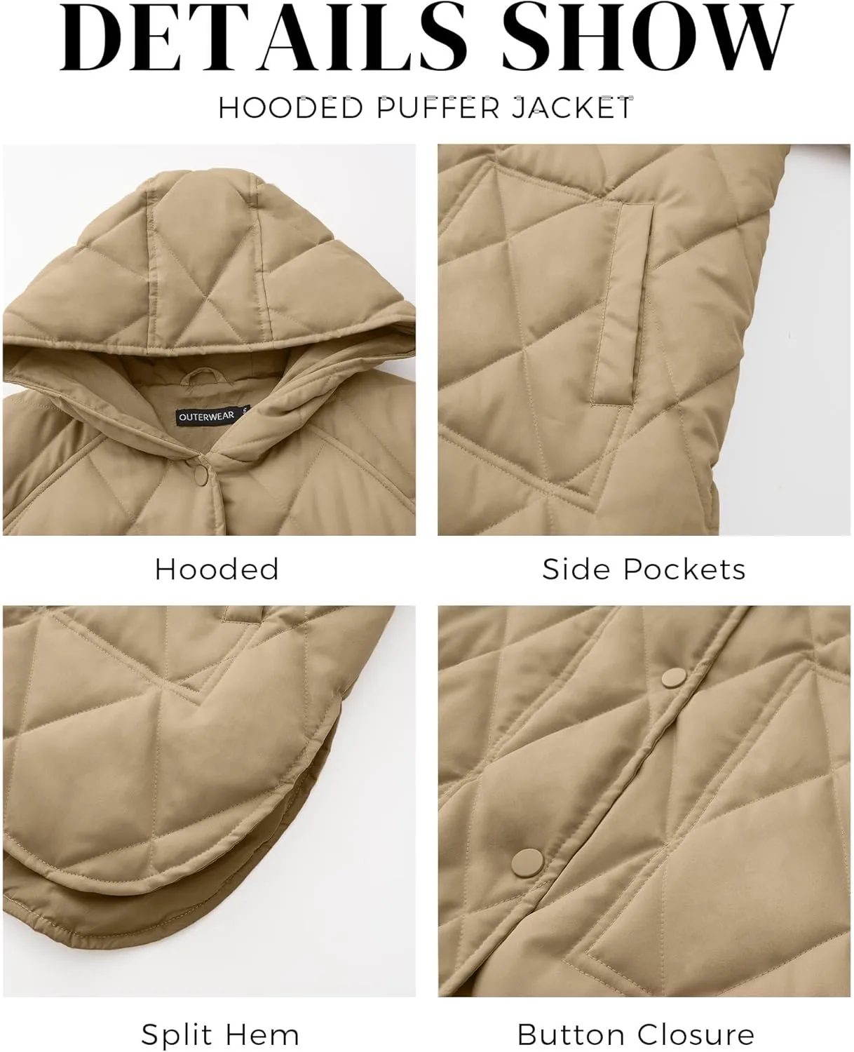 WHN Long Jackets for Women 2024 Fashion Hooded Oversize Coat Button-Down Diamond Quilted Lightweight Jackets