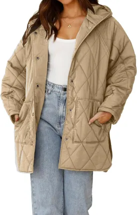 WHN Long Jackets for Women 2024 Fashion Hooded Oversize Coat Button-Down Diamond Quilted Lightweight Jackets
