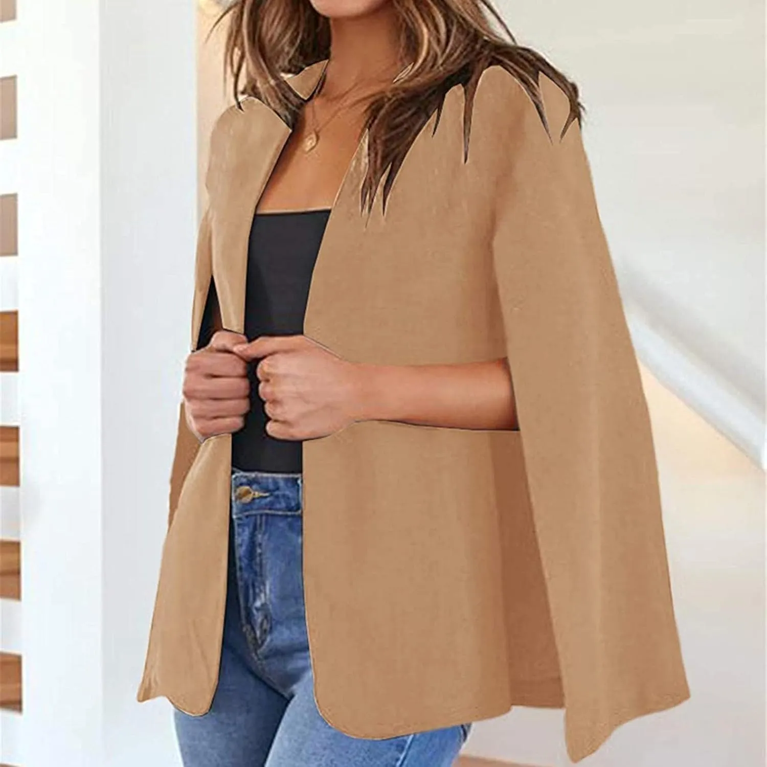 Women Cape Blazer Split Sleeve Open Front Casual Jacket Loose Short Cloak Coat Cardigan Business Office Workwear
