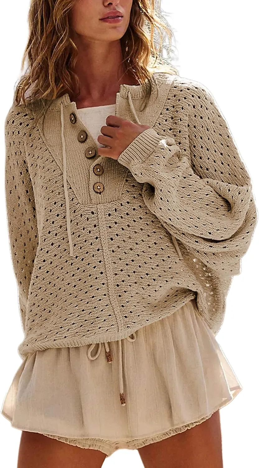 Women Oversized Knit Sweatshirt Hollow Long Sleeve Button Drawstring V Neck Pullover Sweaters